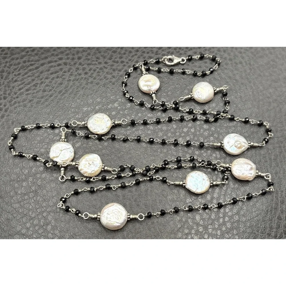 Vtg Coin Pearl Sterling Silver 925 Black Bead Necklace Opera Flapper Length 40
